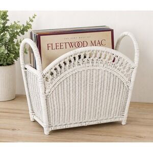 VTG White Wicker Magazine Holder Rack Vinyl Record Laptop Basket Boho